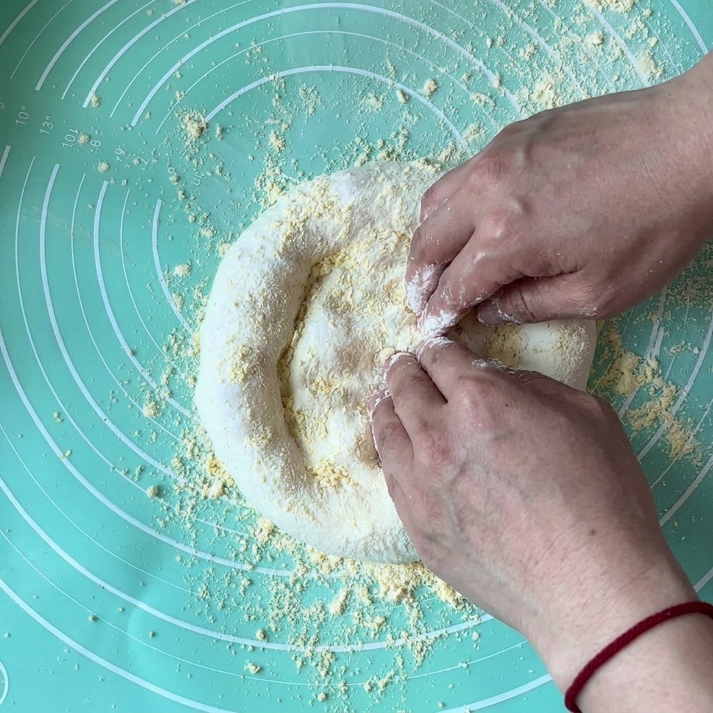 Zwei Hände drücken und ziehen den Pizzateig sanft zu einem Kreis auf einer bemehlten Matte.