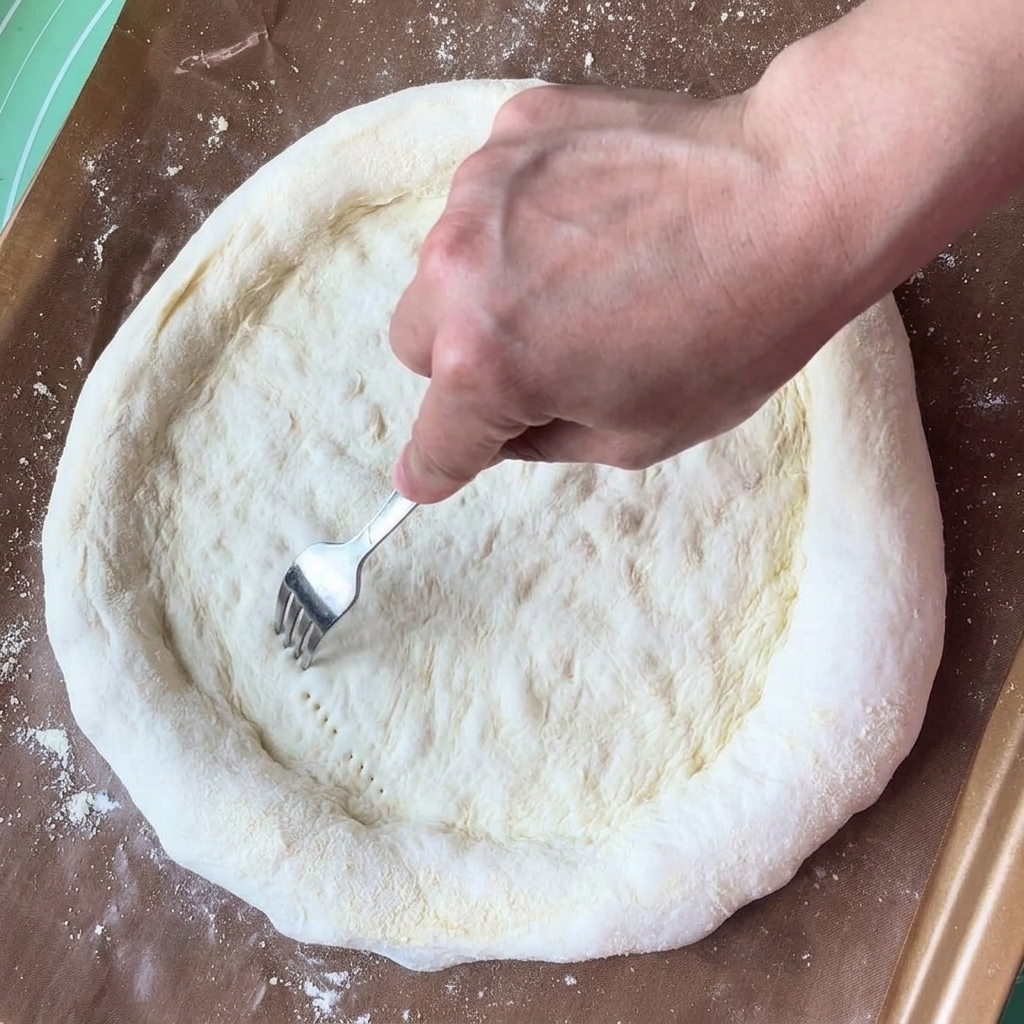 Eine Hand sticht mit einer Gabel kleine Löcher in die Mitte eines runden Pizzabodens.
