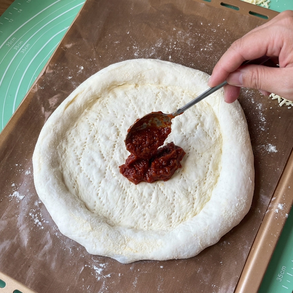 Eine Hand verteilt mit einem Löffel rote Pizzasauce gleichmäßig auf dem Pizzateig.