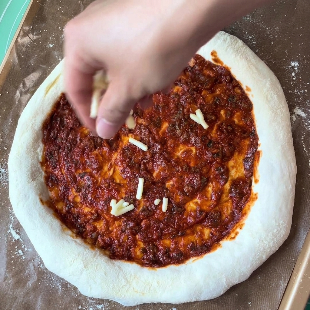 Eine Hand streut geriebenen weißen Mozzarella auf einen Pizzaboden mit Sauce.