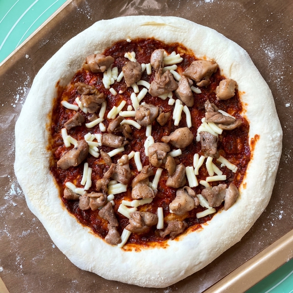 Gegarte Hähnchenstücke werden auf einer Pizza mit Sauce und einer ersten Schicht Käse verteilt.