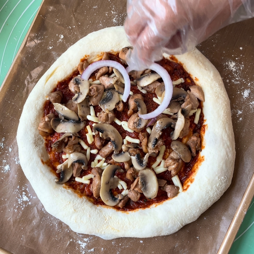 Eine Hand legt rote Zwiebelringe auf eine Pizza mit Hähnchen und Champignons.