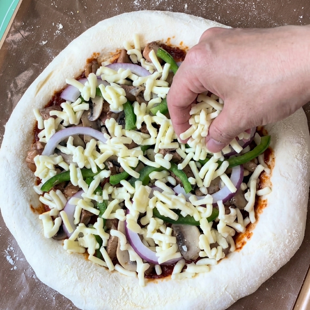 Eine Hand streut großzügig geriebenen Käse über eine reichhaltig belegte Pizza.