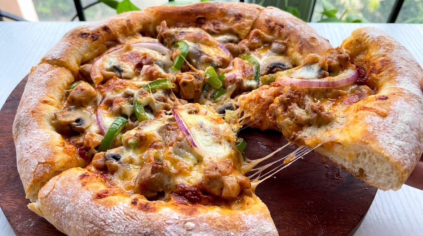 Hausgemachte Pizza mit Orleans-Hähnchen und Champignons