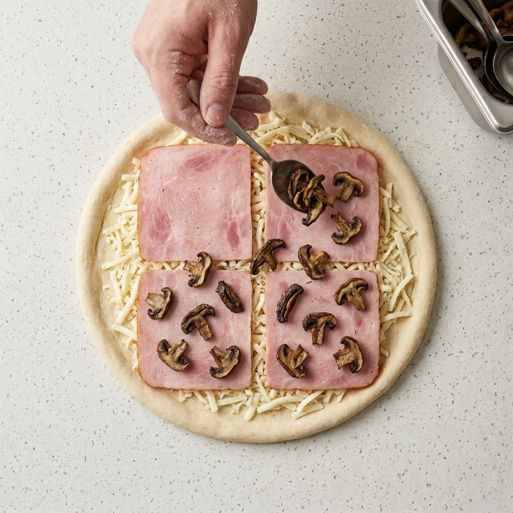 In Scheiben geschnittene geröstete Pilze werden über die Speckstreifen auf der Pizza gestreut.