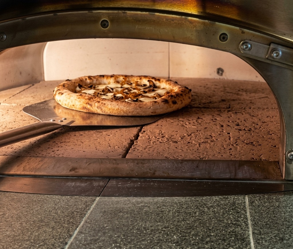 Die Pizza wird mit einem Metallschieber in einen heißen, steinernen Pizzaofen geschoben.