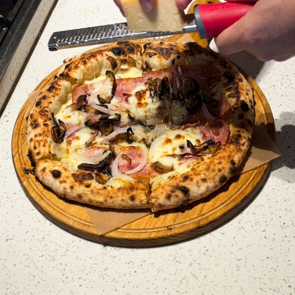 Frischer Parmesan wird über die ofenfrische Pizza Carbonara gerieben.