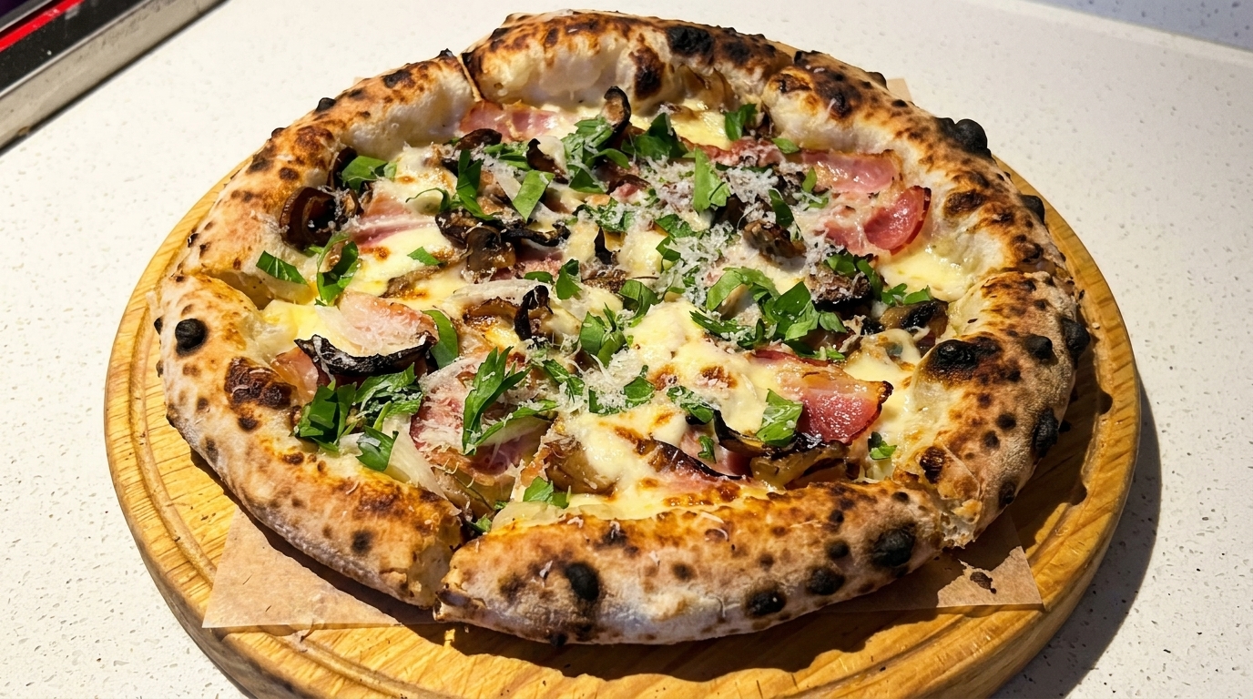 Artisan Pizza Carbonara mit Pilzen