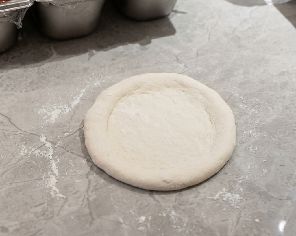 Ein runder, flach ausgezogener Pizzateig auf einer bemehlten Arbeitsfläche.