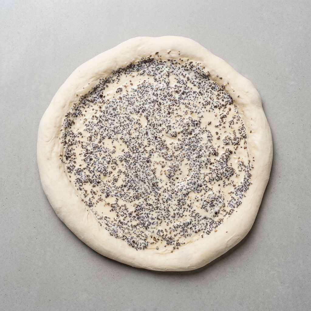 Pizzateig, der gleichmäßig mit schwarzer Trüffelsauce bestrichen ist.