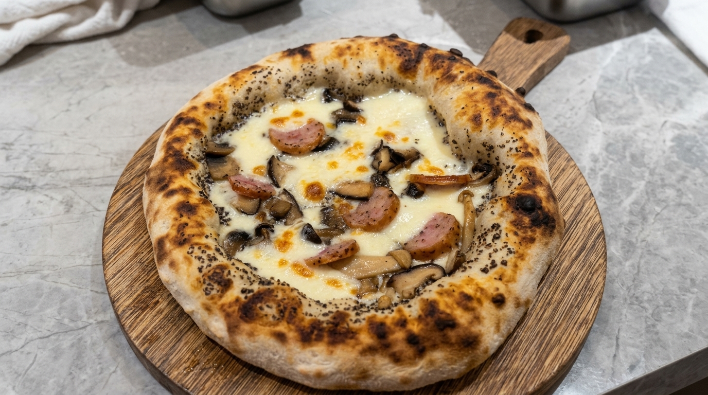 Artisan Pizza mit Trüffel, Pilzen und Basilikum-Wurst