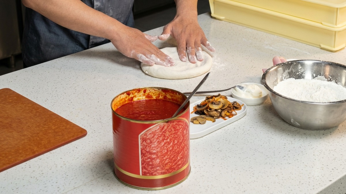 Hände drücken eine Pizzateigkugel auf einer weißen Arbeitsfläche flach.