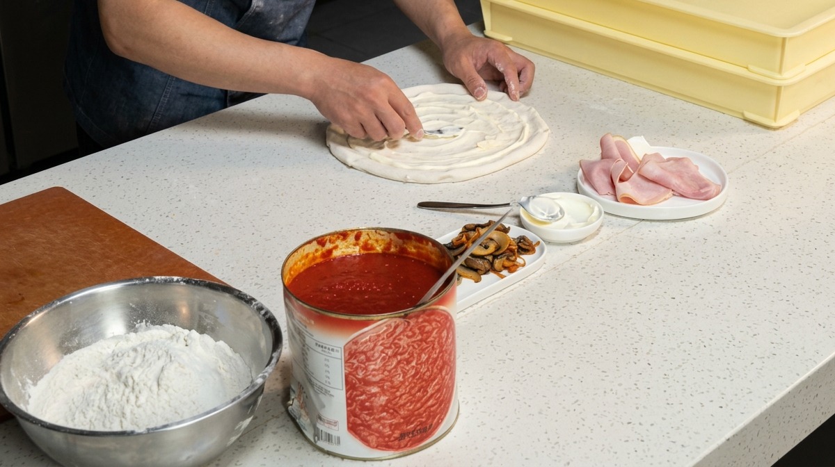 Ein Koch legt Pilzscheiben ringförmig auf den mit weißer Sauce bestrichenen Pizzateig.
