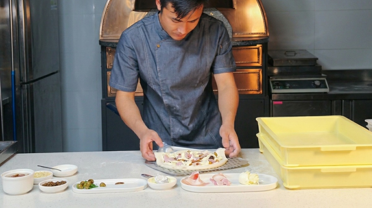 Ein Koch zieht die belegte Pizza geschwind auf die Metallschaufel.