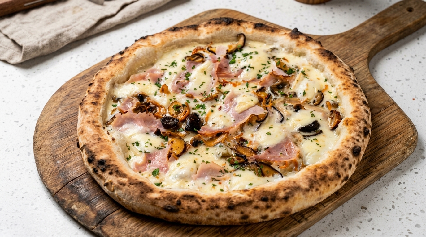 Gourmet-Pizza Bianca mit Schinken und Pilzen
