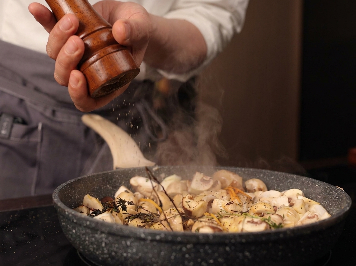 Ein Koch dreht eine hohe Pfeffermühle aus Holz, um frischen schwarzen Pfeffer über eine dampfende Pfanne mit Pilzen zu mahlen.