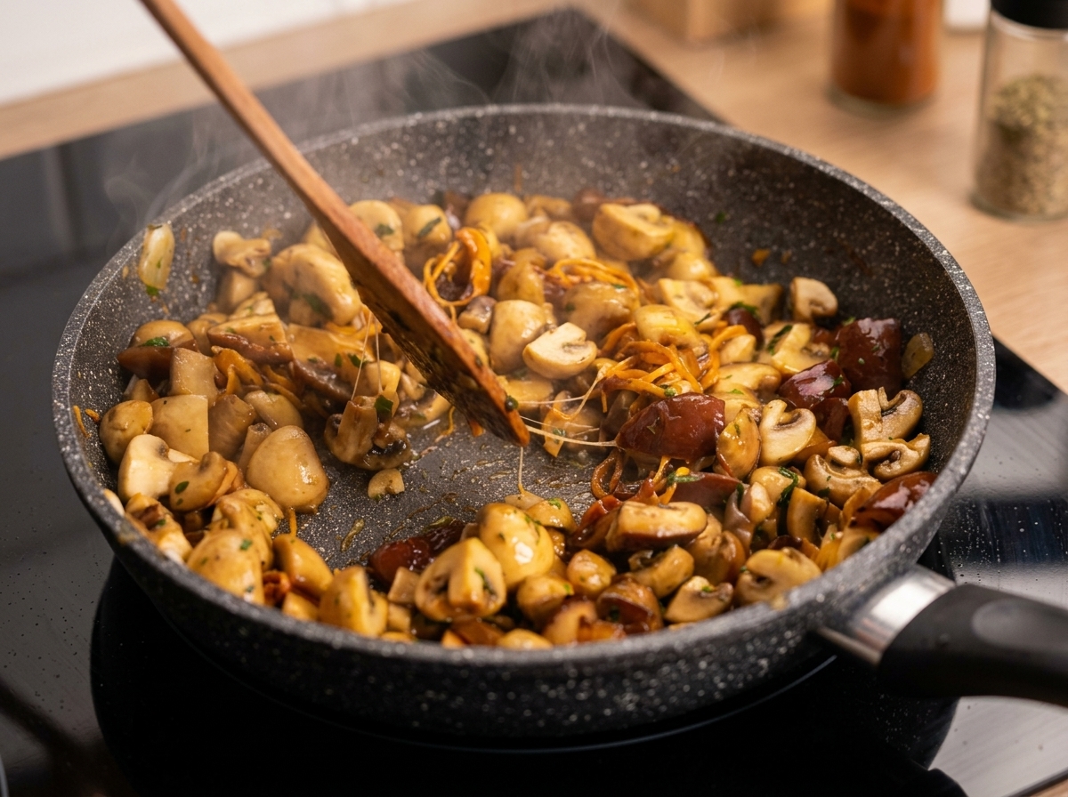Ein Holzspatel wendet eine herzhafte, tief gebräunte Mischung aus gehackten Pilzen und orangefarbenem Cordyceps in einer Bratpfanne.