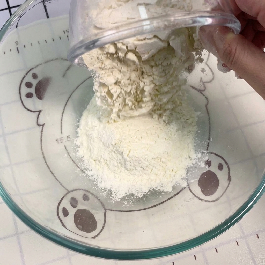 Trockenhefe wird aus einem kleinen Behälter auf einen Haufen weißes Mehl in einer Glasschüssel geschüttet.