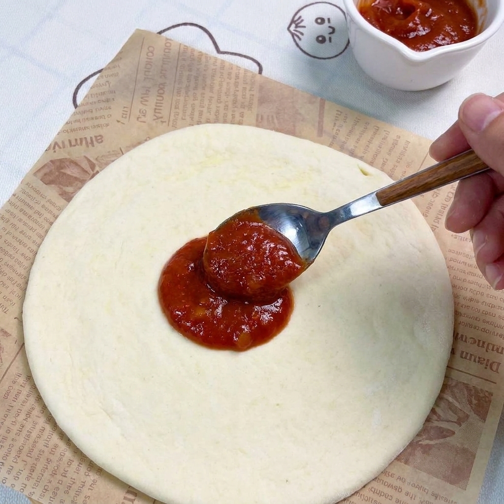 Ein Metalllöffel verteilt rote Pizzasauce kreisförmig auf einem runden Teigboden auf Backpapier.