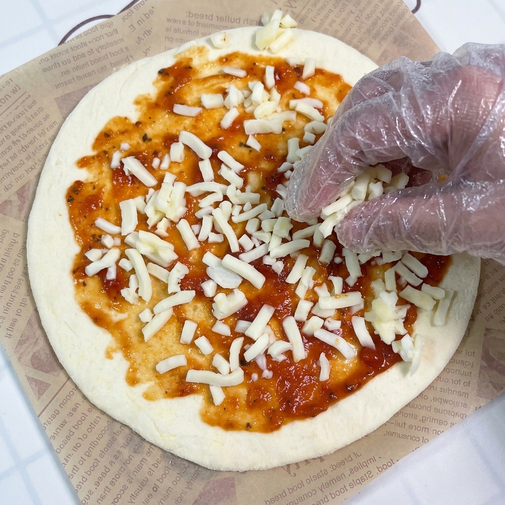 Eine Hand streut geriebenen Mozzarella auf einen mit Tomatensauce bestrichenen Pizzaboden.