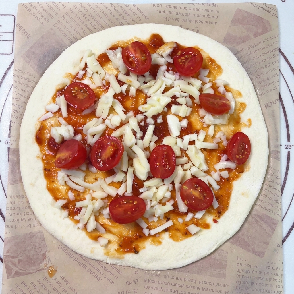 Ein Pizzaboden belegt mit Sauce, Käse und ordentlich platzierten Kirschtomatenhälften.