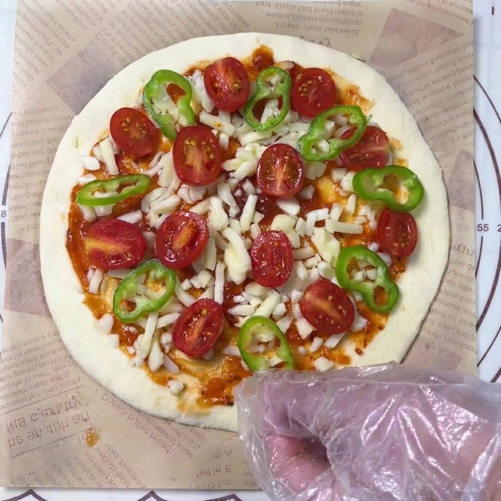 Eine Hand legt grüne Paprikaringe auf eine Pizza, die bereits mit Käse und Tomaten belegt ist.