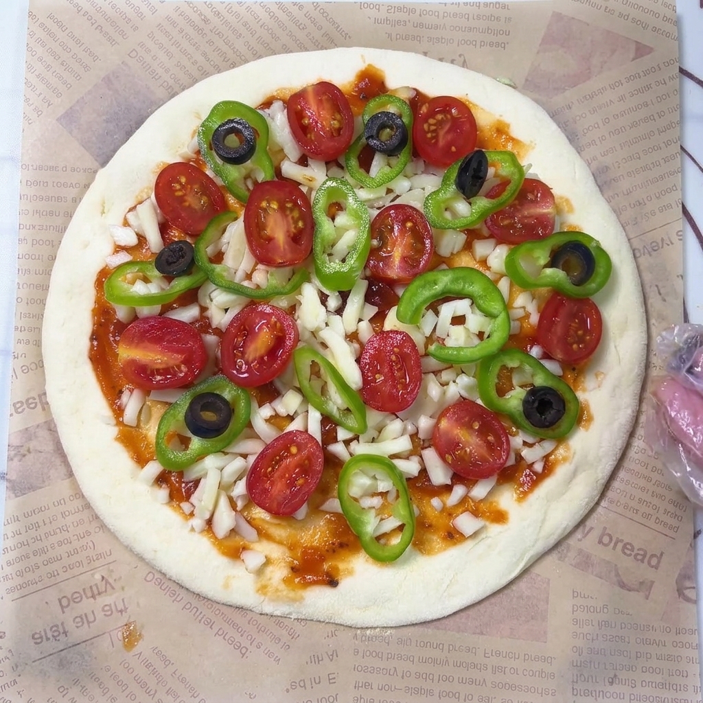 Ein roher Pizzateig voll belegt mit Sauce, Käse, Tomaten, Paprika und schwarzen Olivenringen.