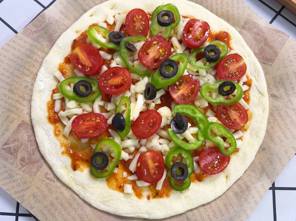 Draufsicht auf eine fertig belegte, ungekochte Pizza auf bedrucktem Backpapier.