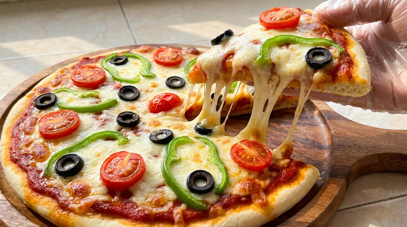 Hausgemachte Pizza mit Tomaten und schwarzen Oliven