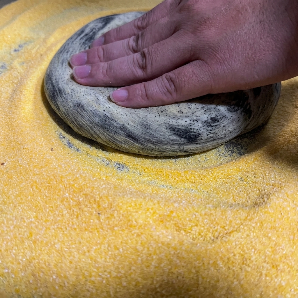 Eine Hand drückt schwarzen Pizzateig auf einem Bett aus gelbem Maismehl flach.