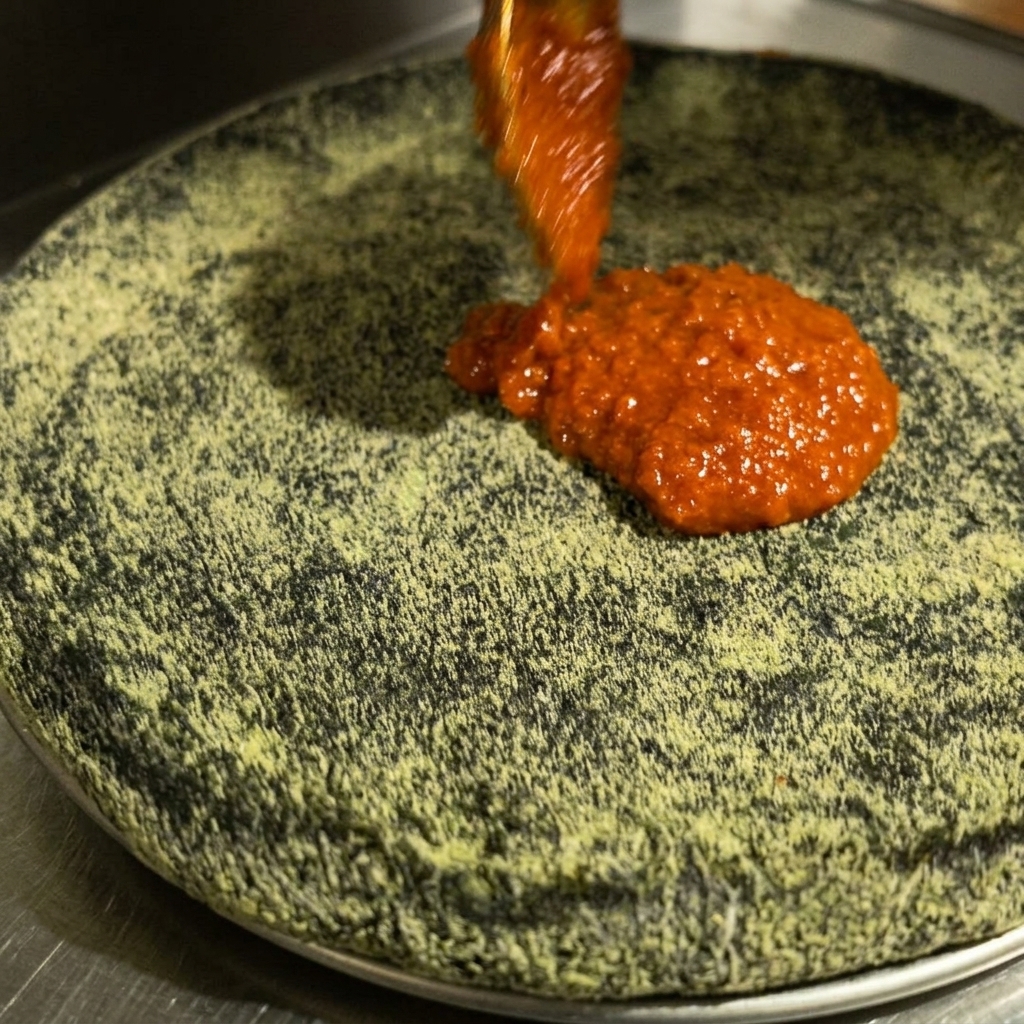 Rote Pizzasauce wird mit einem Löffel auf dem schwarzen Teigboden verstrichen.