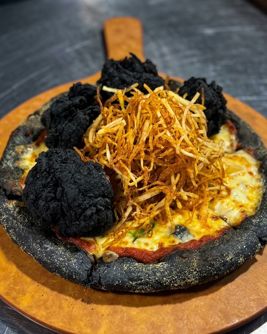 Auf der fertigen Pizza liegt ein Berg aus Kartoffelstiften, umringt von schwarzem Brathähnchen.