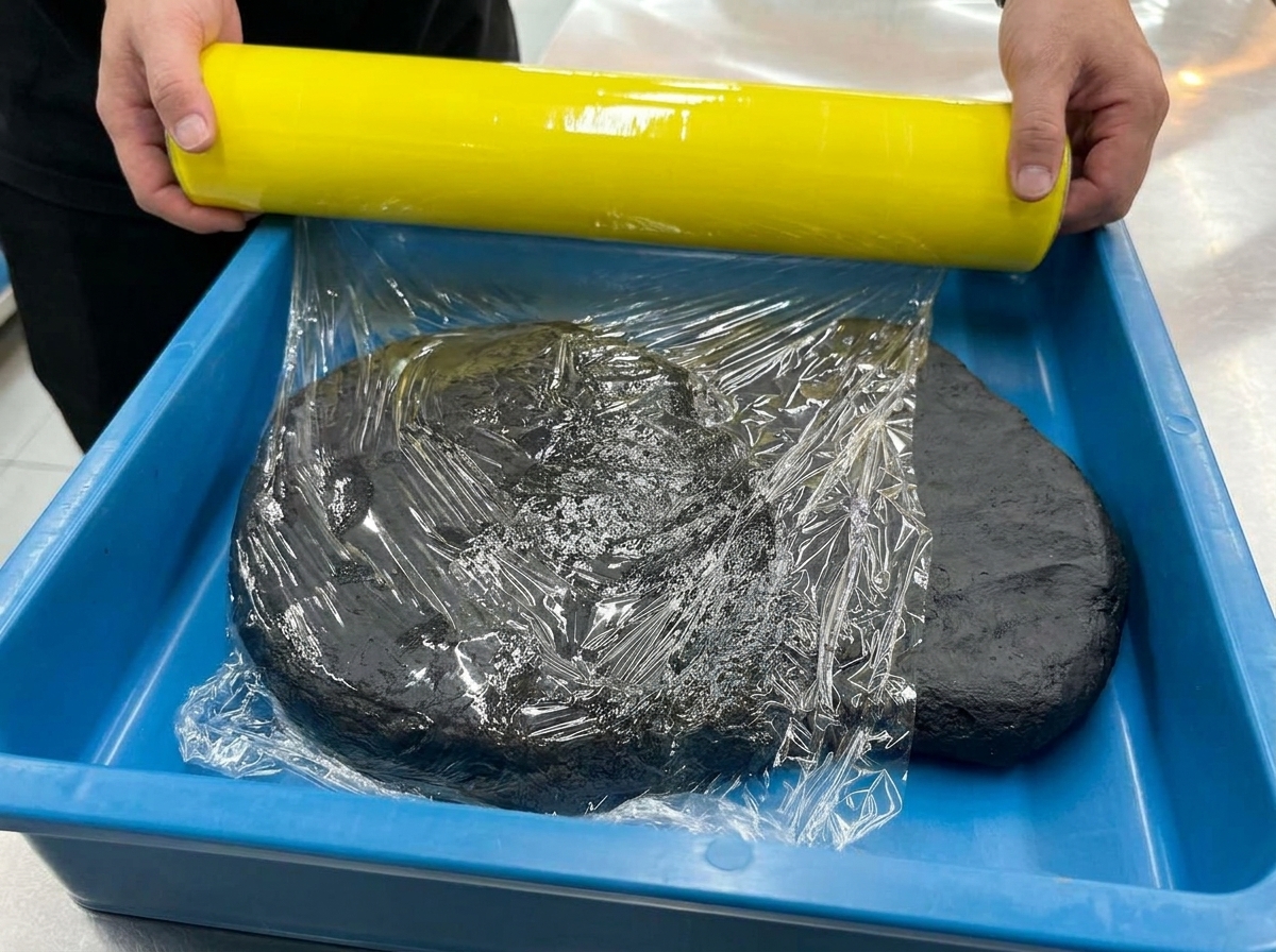 Hände rollen Frischhaltefolie aus, um ein flachgedrücktes Stück schwarzen Teig in einer blauen Wanne abzudecken.