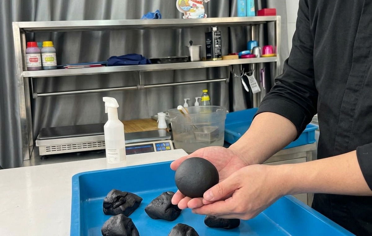 Eine fertige, glatte schwarze Teigkugel wird über eine blaue Wanne mit anderen Teigstücken gehalten.