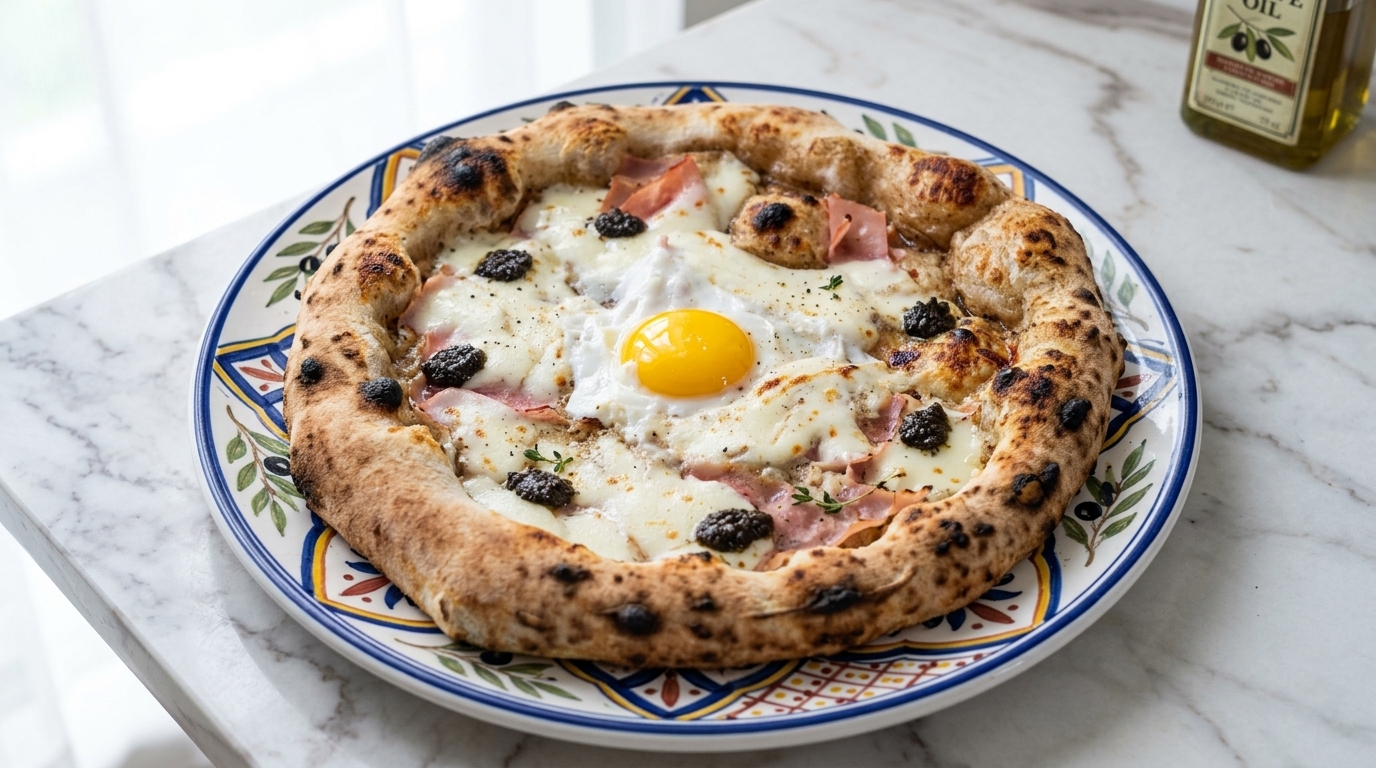 Eine ofenfrische neapolitanische Pizza mit luftigem Rand, cremiger Trüffelbasis, feinem Schinken und einem weich gebackenen Ei in der Mitte.