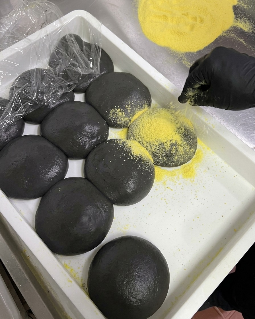 Schwarze Teigballen auf einem weißen Tablett werden mit gelbem Mehl bestäubt.