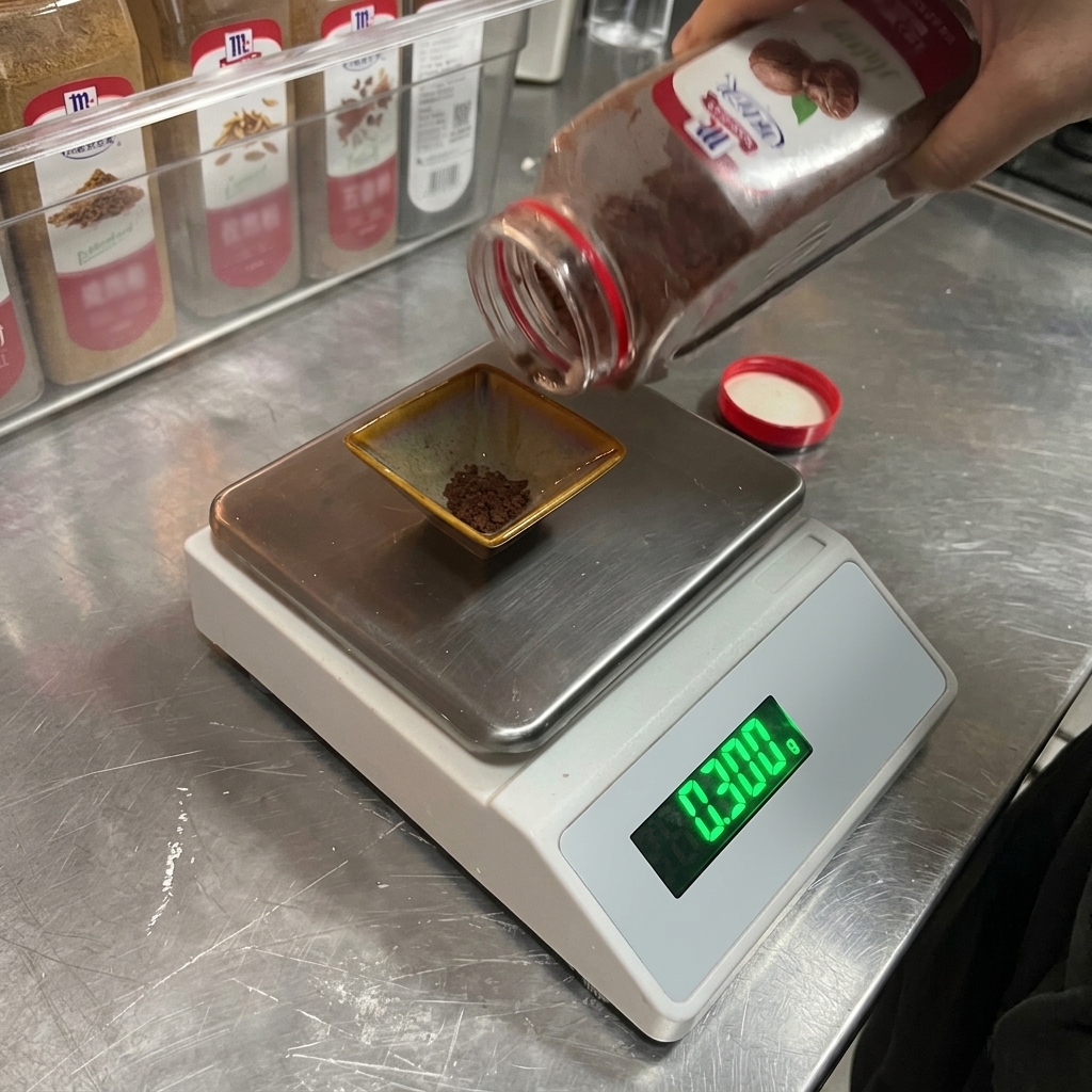 Muskatpulver wird aus einem Gewürzglas in eine kleine Schale auf einer Digitalwaage geschüttet.