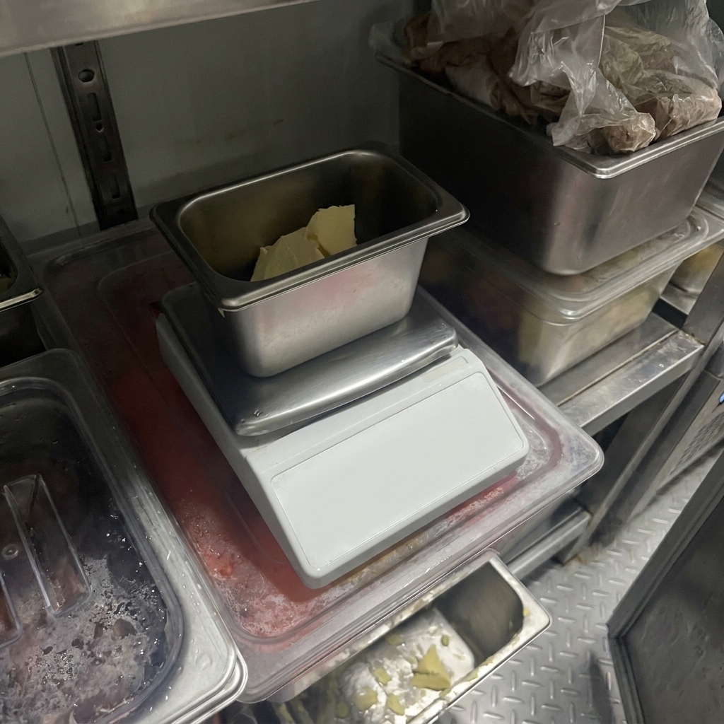 Mehrere Stücke Butter liegen in einem Topf auf einer Waage.