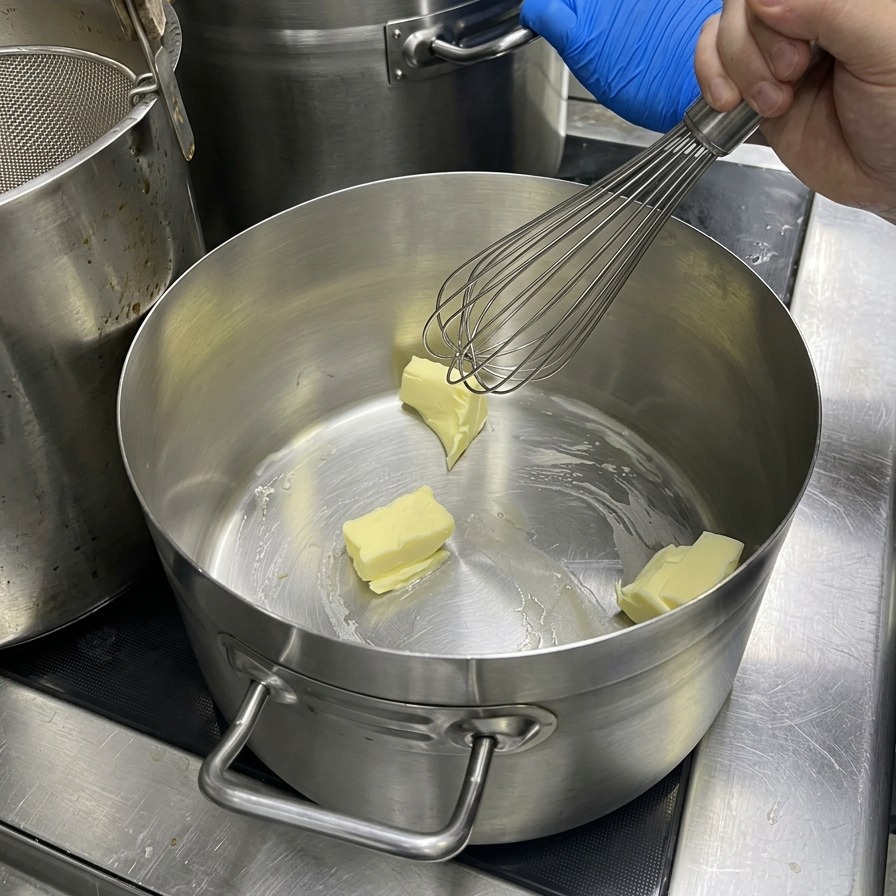 Eine Hand rührt schmelzende Butterstücke in einem großen Edelstahltopf mit einem Schneebesen um.