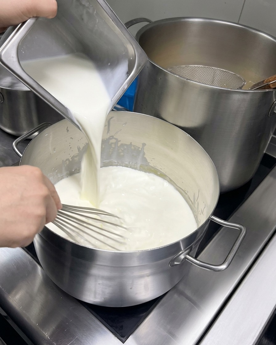 Milch und Sahne werden unter ständigem Rühren in den Topf mit der Mehlschwitze gegossen.