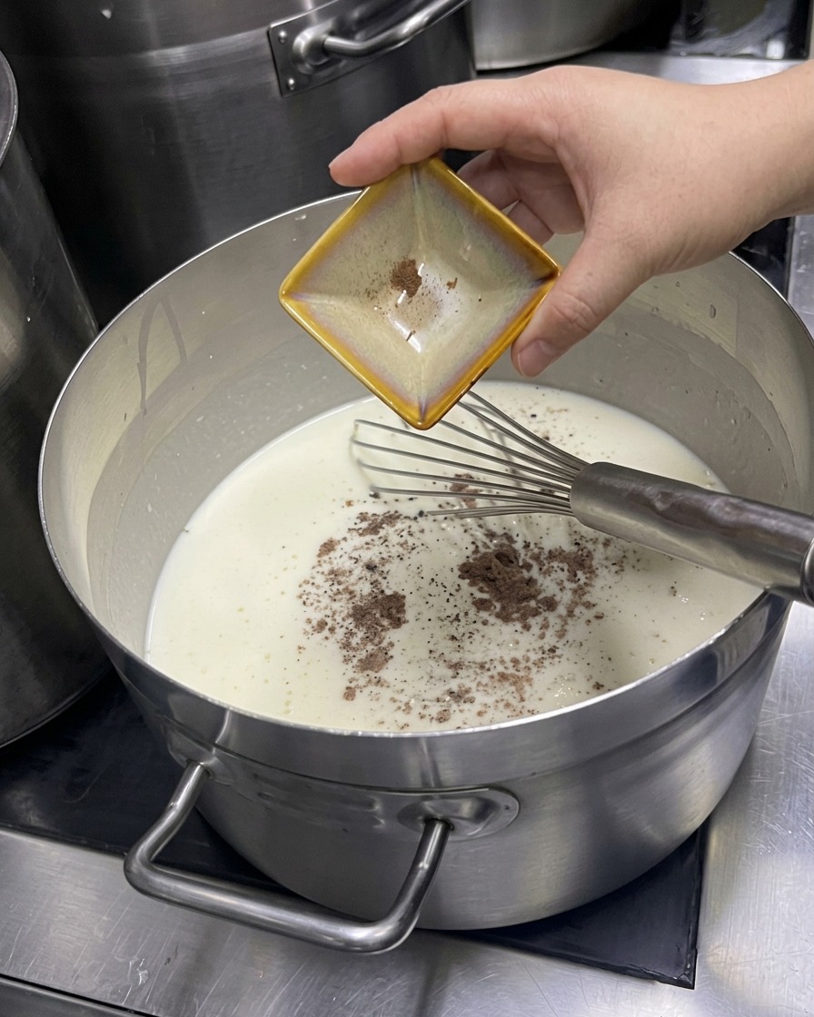 Eine Hand gibt Gewürze aus einer kleinen Schale in einen Topf mit weißer Sauce.