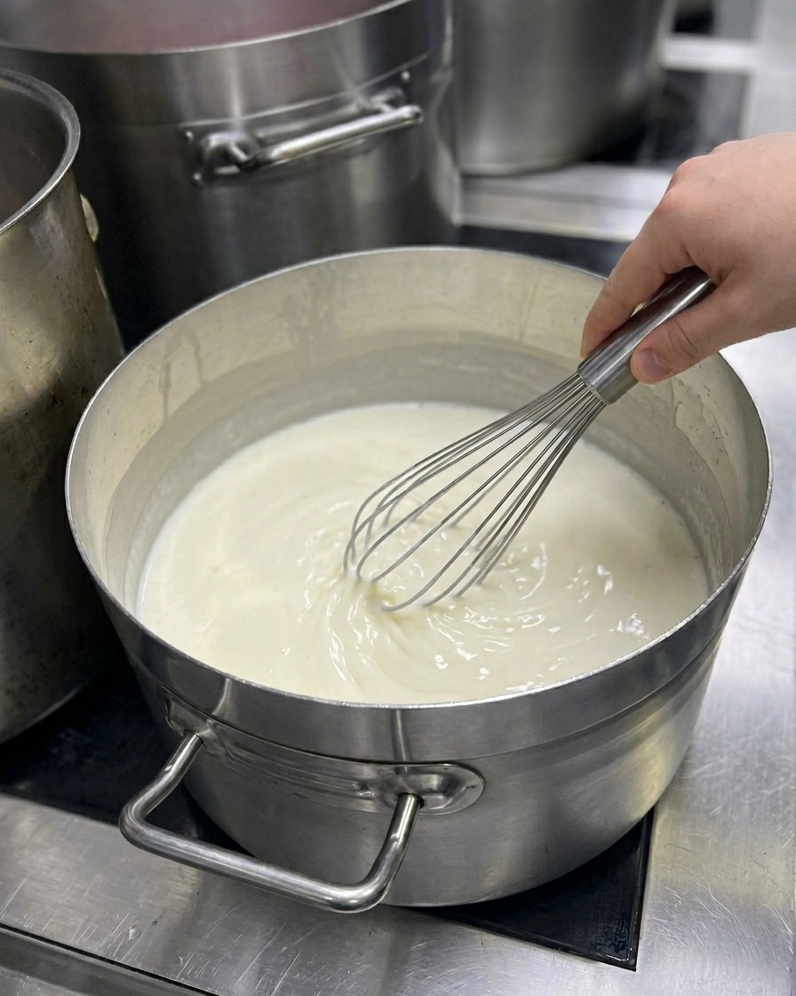 Ein Schneebesen rührt eine glatte, eingedickte weiße Sauce im Topf um.