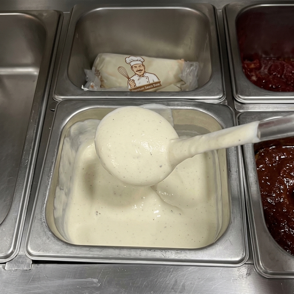 Eine Kelle hebt dicke, cremige Sauce aus einem Behälter.