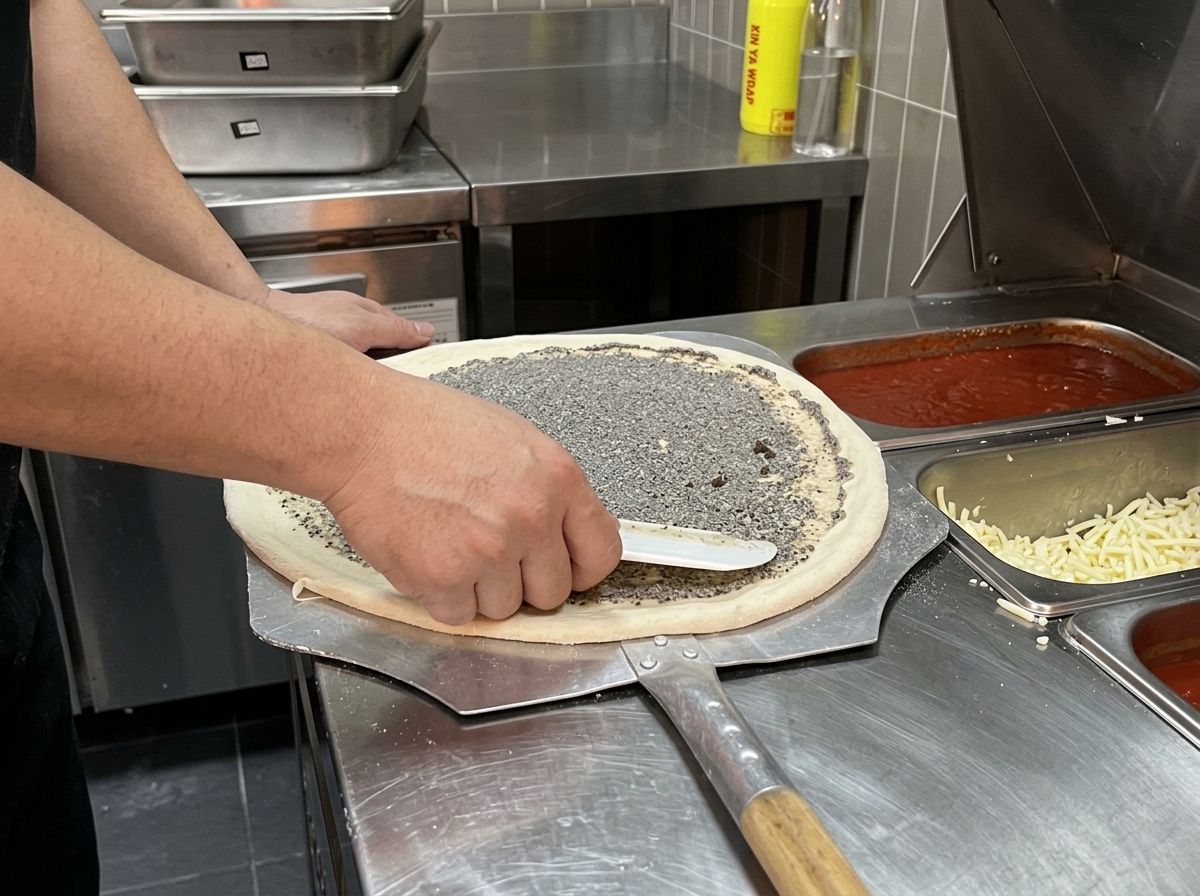 Hände verteilen die dunkle Trüffelsauce gleichmäßig auf einem runden Pizzateig.