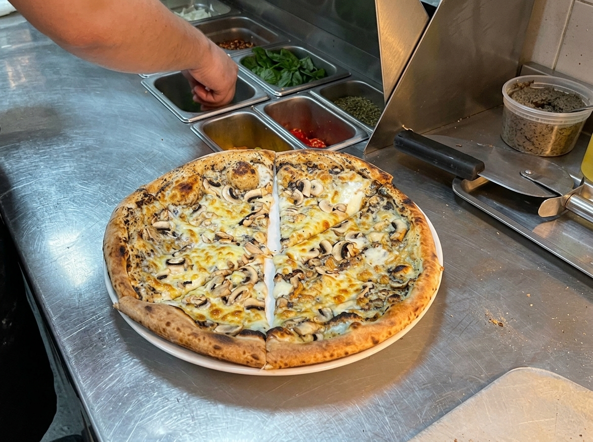 Eine fertig gebackene Trüffel-Pilz-Pizza wird mit frischen Basilikumblättern garniert.