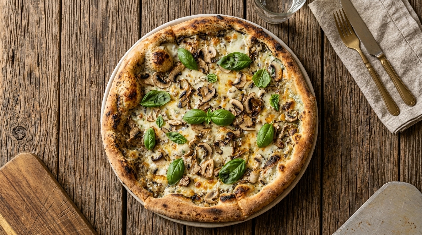 Pizza mit schwarzem Trüffel, Pilzen und hausgemachter Béchamel