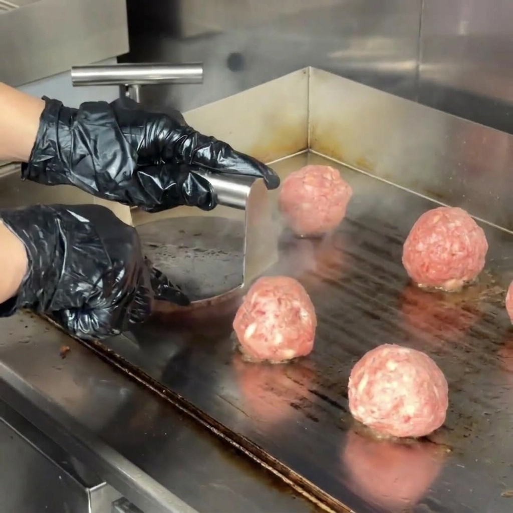 Hände mit schwarzen Handschuhen benutzen eine runde Metall-Burgerpresse, um eine Hackfleischkugel auf einer gewerblichen Grillplatte flach zu drücken.