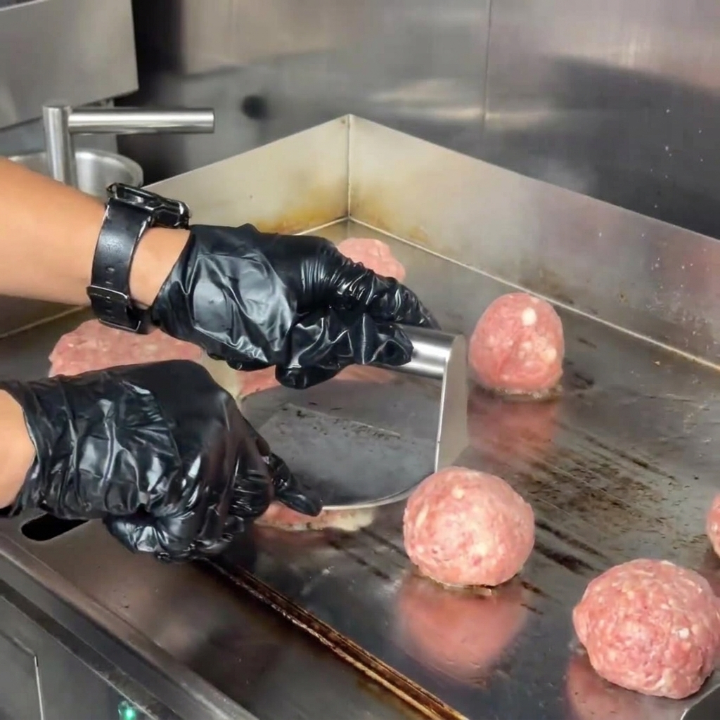 Eine Person mit schwarzen Handschuhen presst rohe Fleischkugeln mit einer Metallpresse flach, während Dampf aufsteigt.