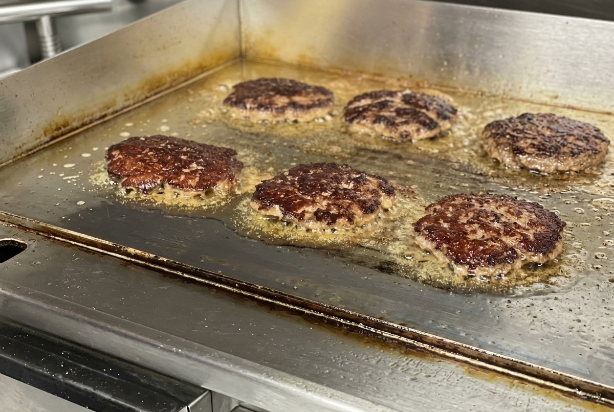 Mehrere gewendete Burger-Patties auf einer Grillplatte mit einer dunkelbraunen, knusprigen Kruste, die im eigenen Fett brutzeln.