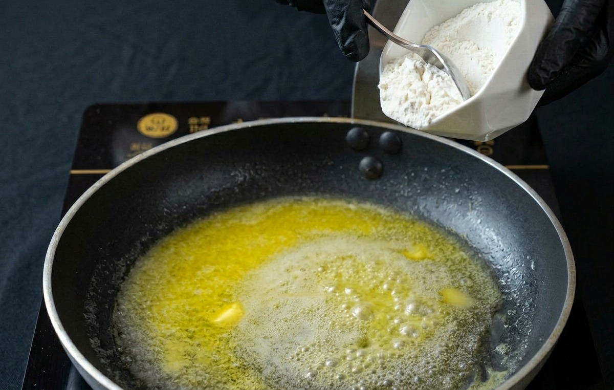 Mehl wird aus einer kleinen Schüssel in die geschmolzene Butter in der Pfanne gestreut.